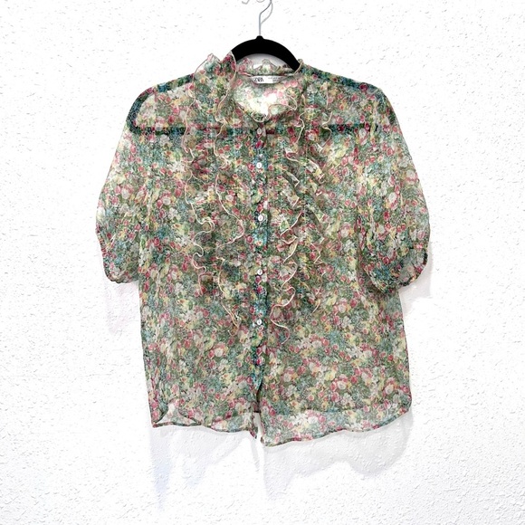 Zara Floral Sheer with floral design Blouse small - Picture 2 of 10
